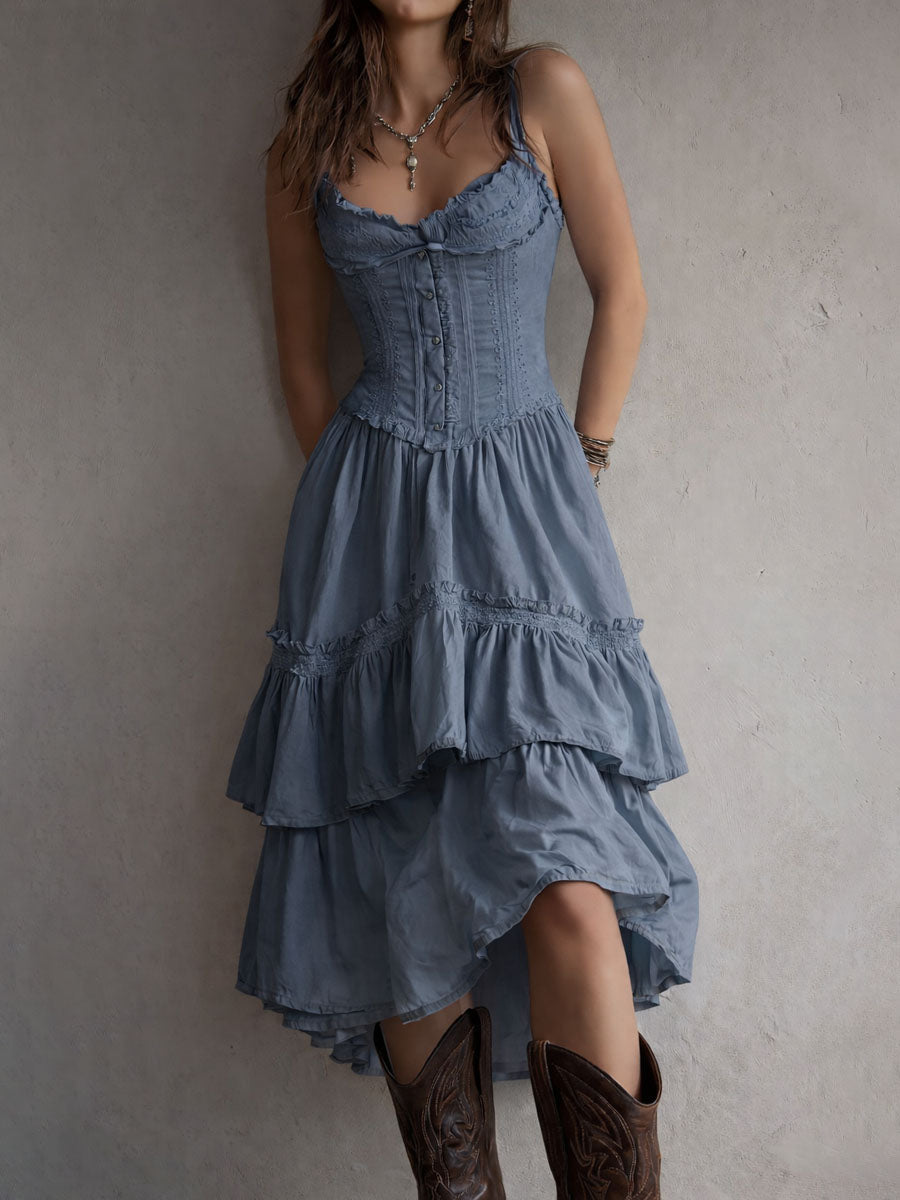 Abito Midi Boho Retro con Corsetto a Balze e Bordo in Pizzo