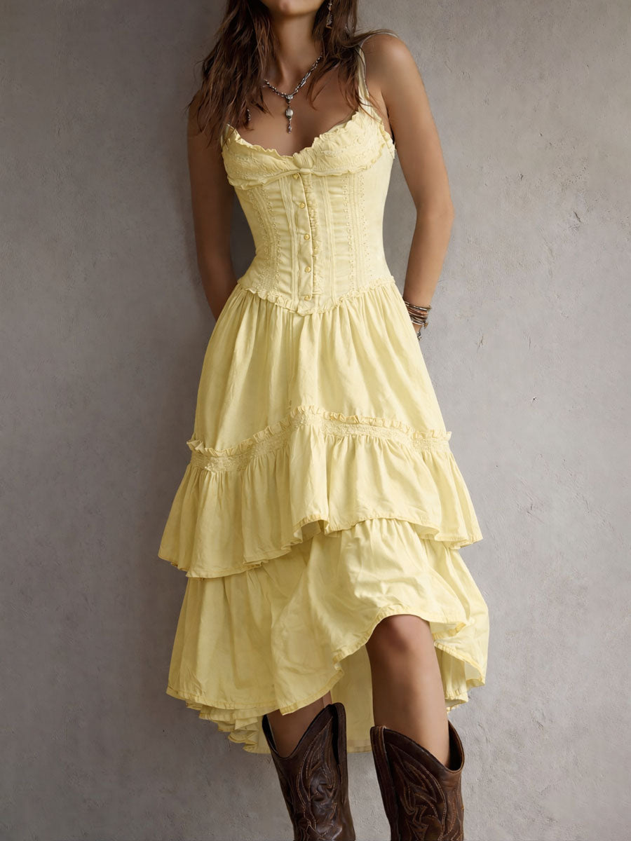 Abito Midi Boho Retro con Corsetto a Balze e Bordo in Pizzo