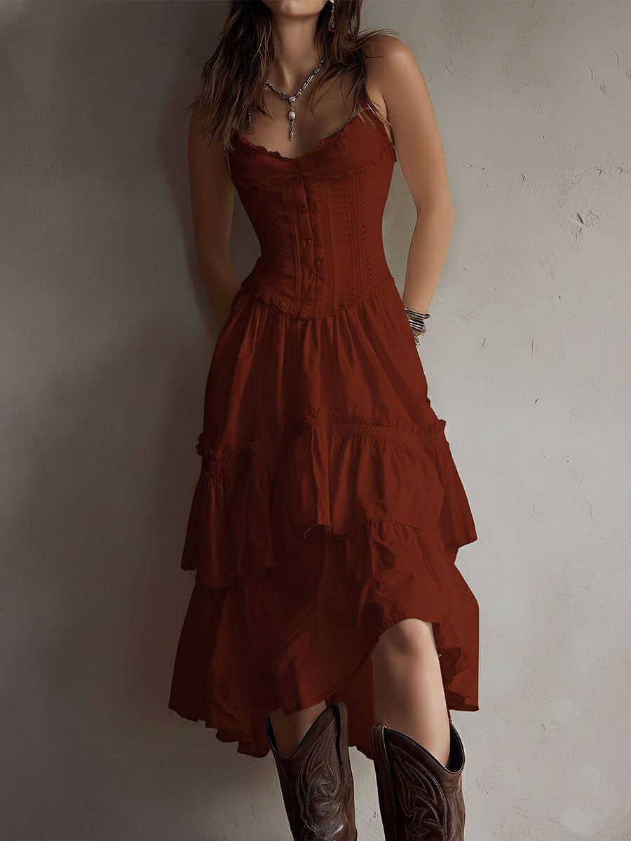 Abito Midi Boho Retro con Corsetto a Balze e Bordo in Pizzo