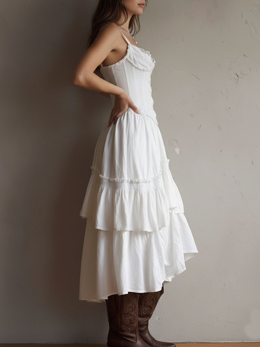Abito Midi Boho Retro con Corsetto a Balze e Bordo in Pizzo