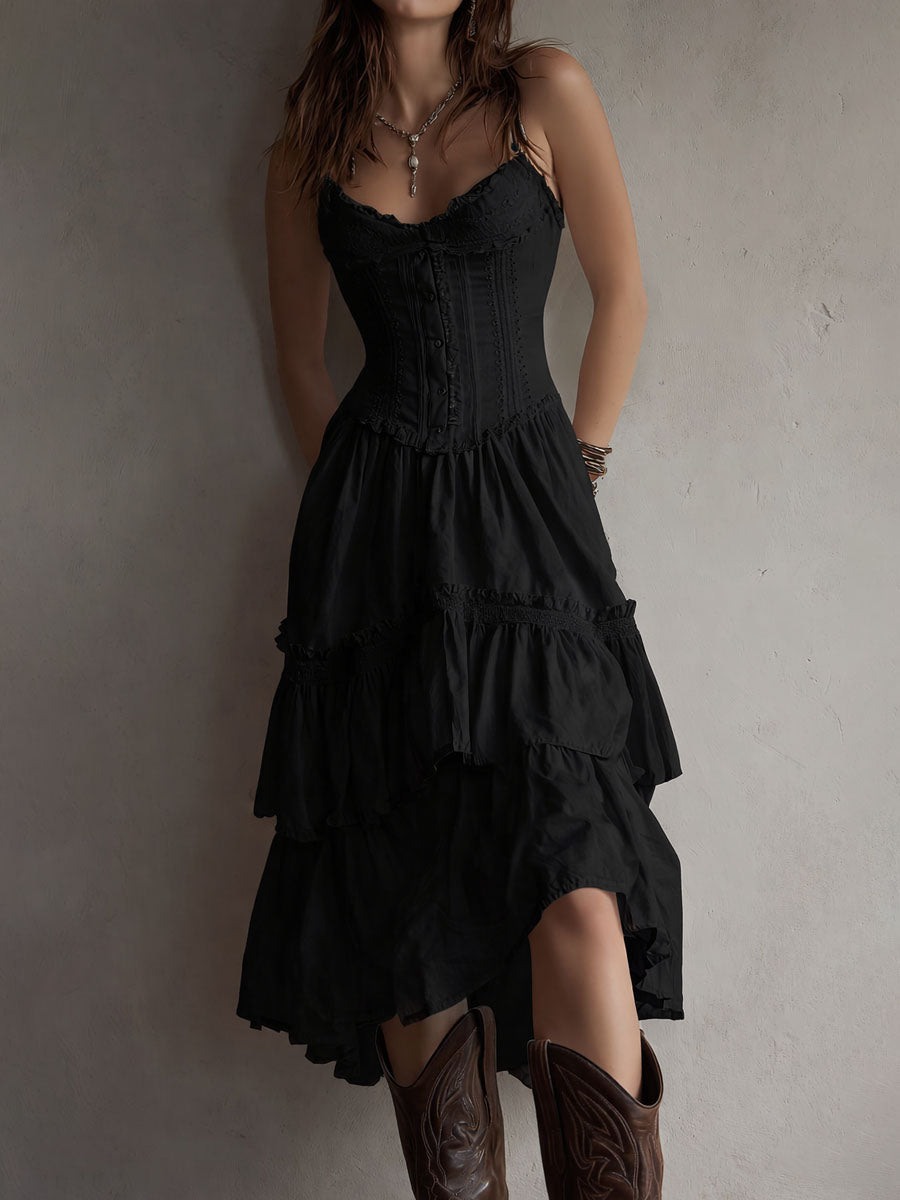 Abito Midi Boho Retro con Corsetto a Balze e Bordo in Pizzo