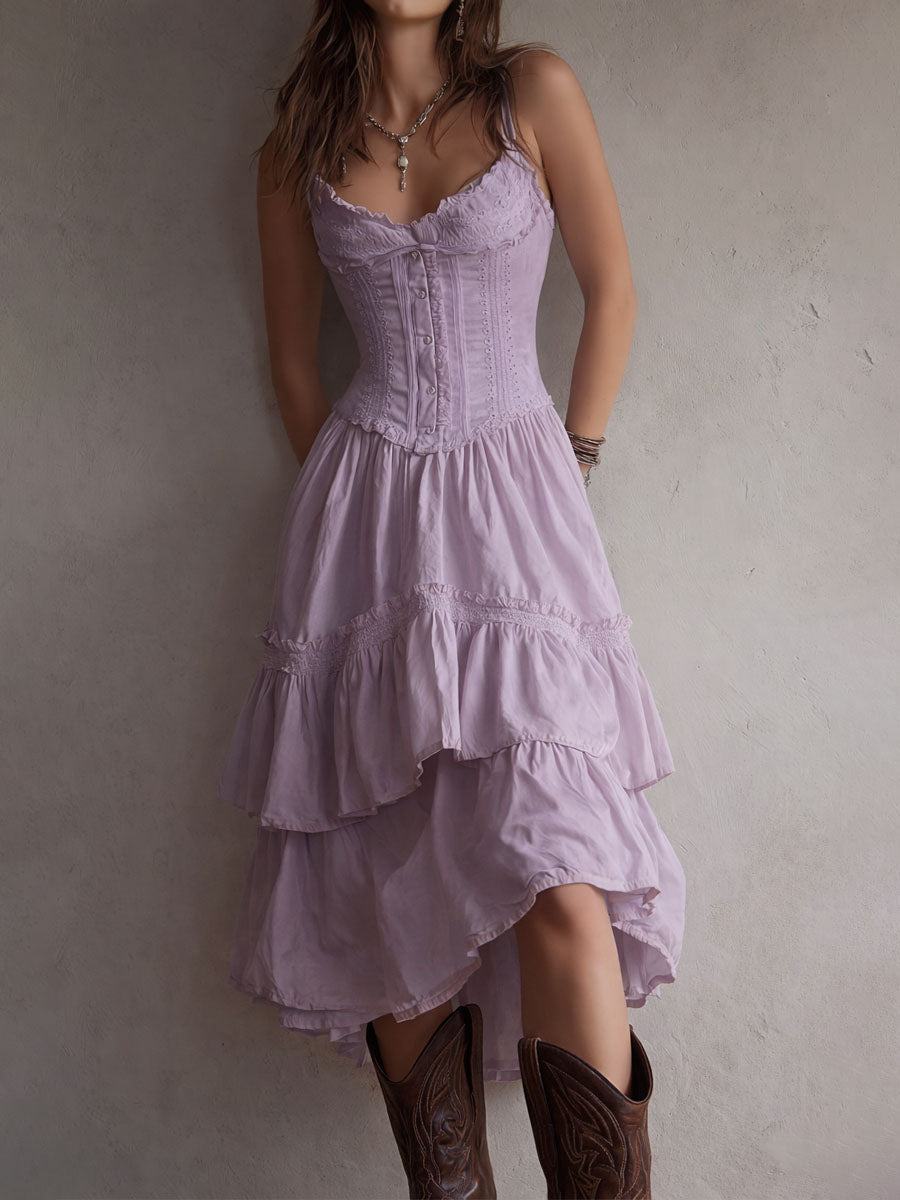 Abito Midi Boho Retro con Corsetto a Balze e Bordo in Pizzo