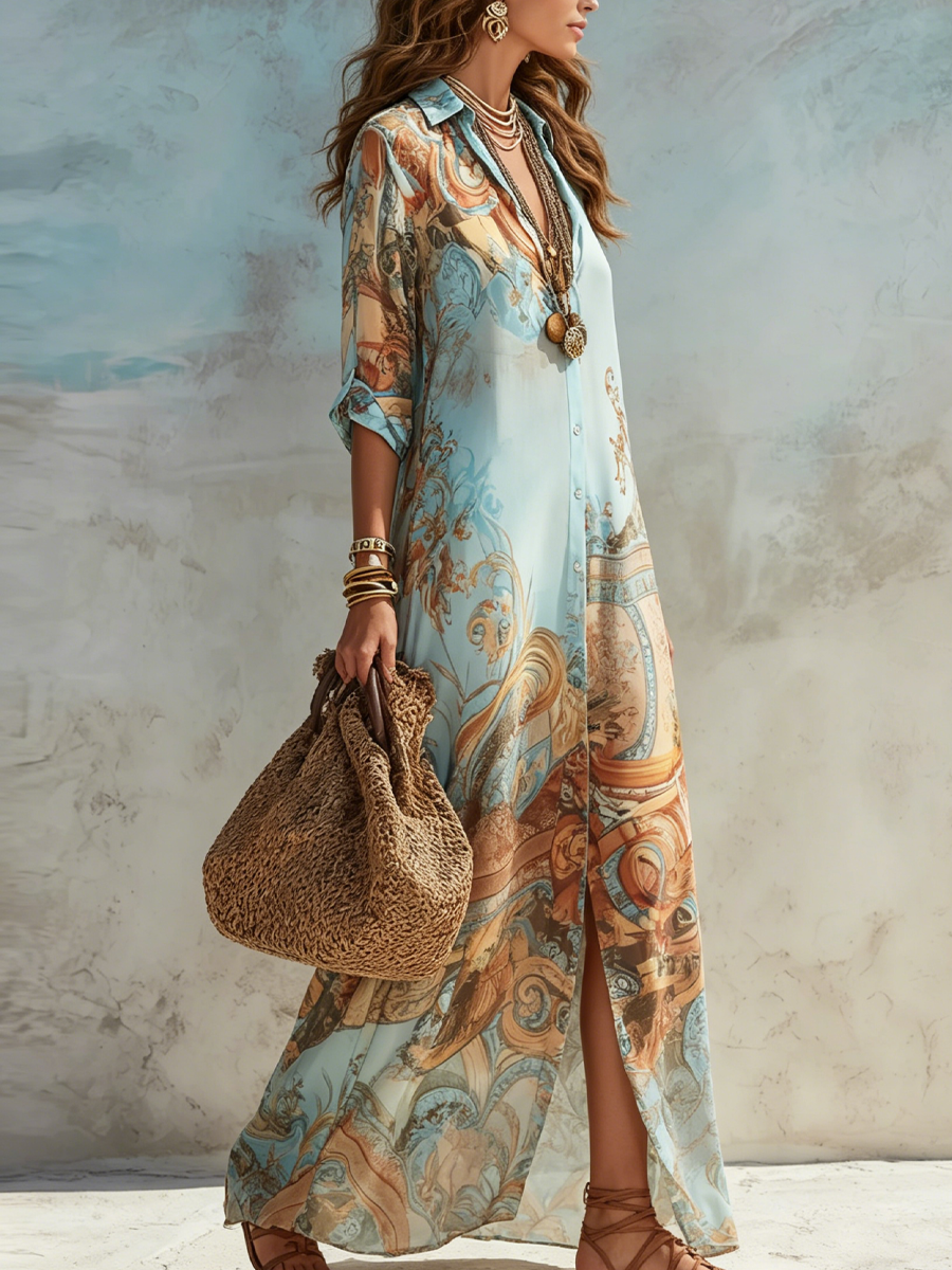 Abito Lungo in Chiffon Blu con Stampa Floreale Barocca