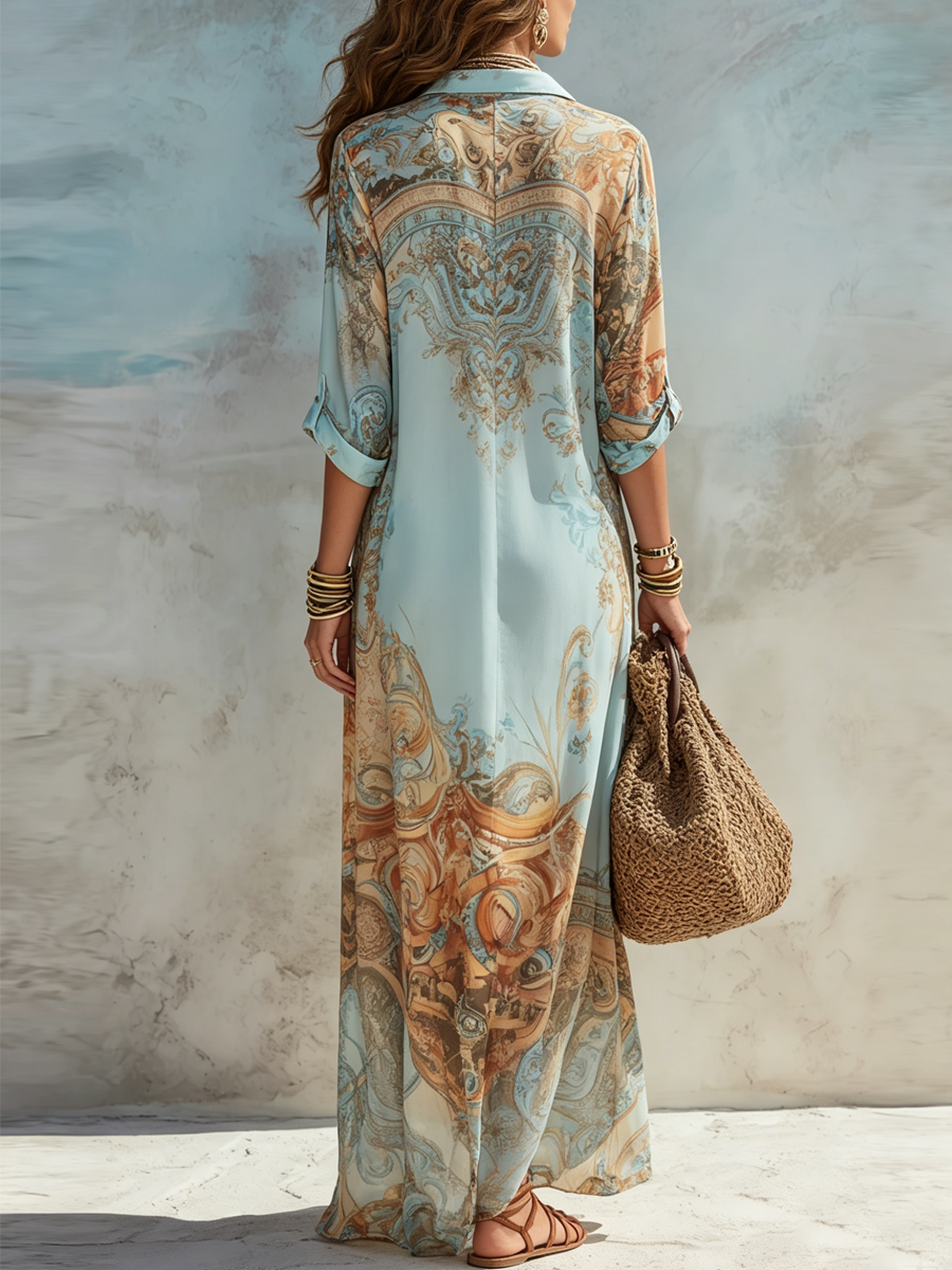 Abito Lungo in Chiffon Blu con Stampa Floreale Barocca