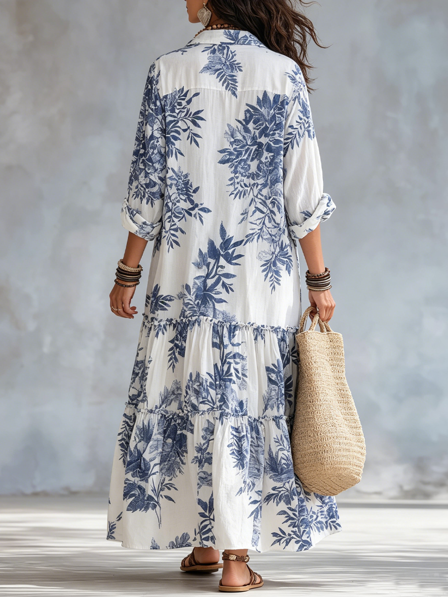 Abito Lungo Boho Floreale Blu con Bottoni