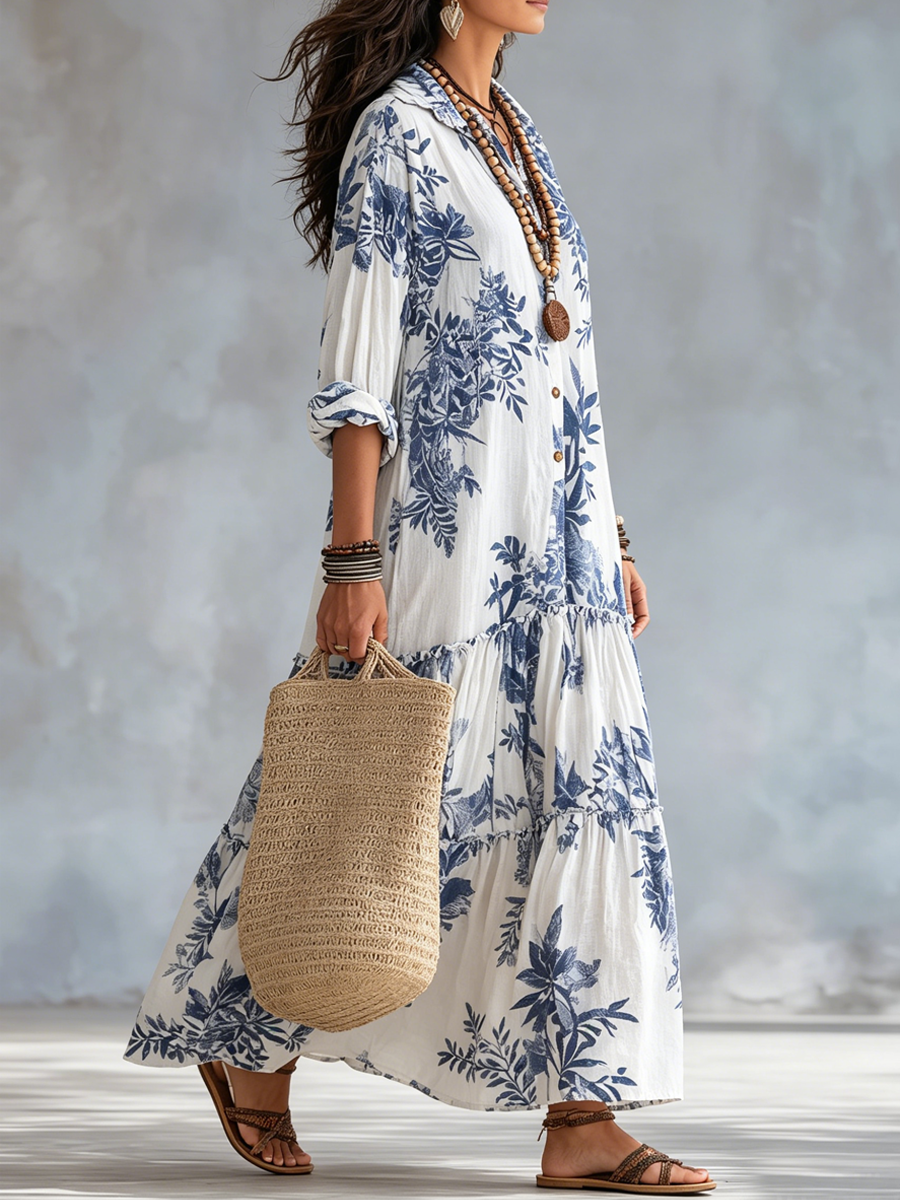 Abito Lungo Boho Floreale Blu con Bottoni