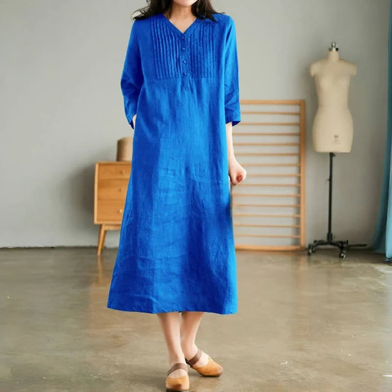Laura - Abito lungo in lino e cotone con scollo a V vintage