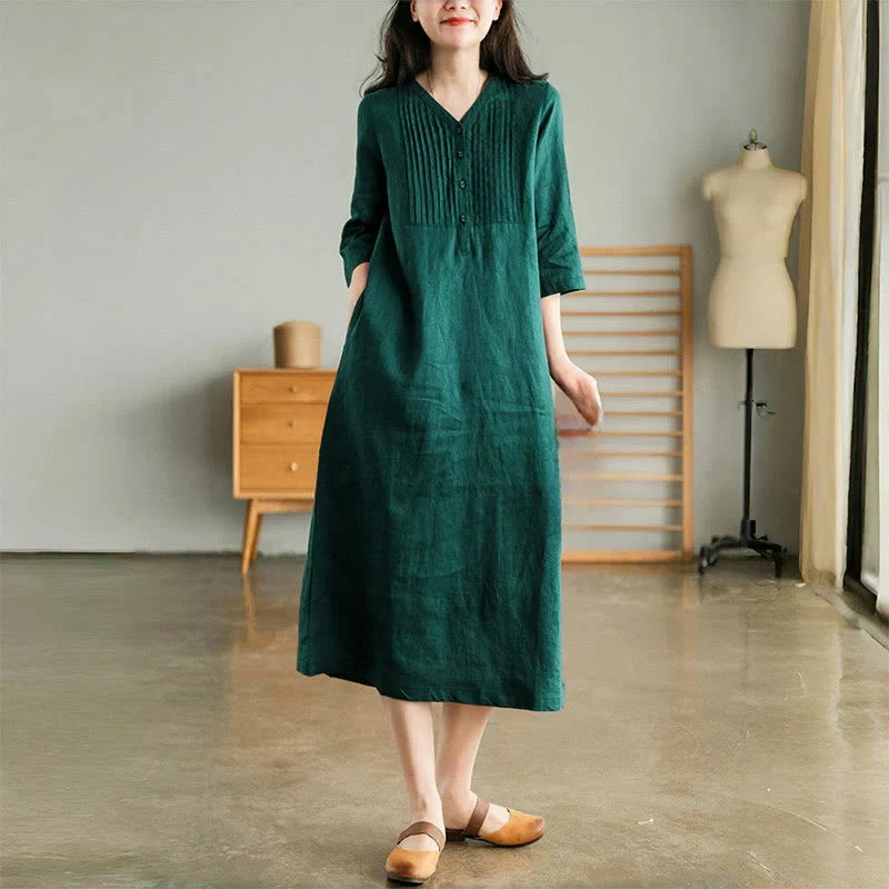 Laura - Abito lungo in lino e cotone con scollo a V vintage