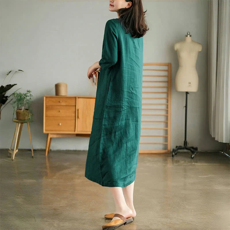 Laura - Abito lungo in lino e cotone con scollo a V vintage