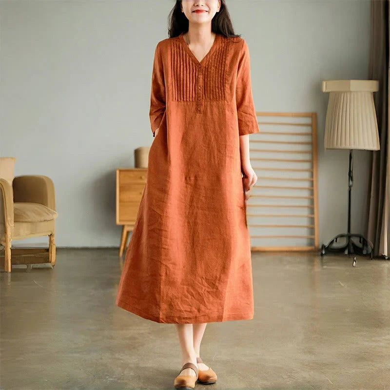 Laura - Abito lungo in lino e cotone con scollo a V vintage