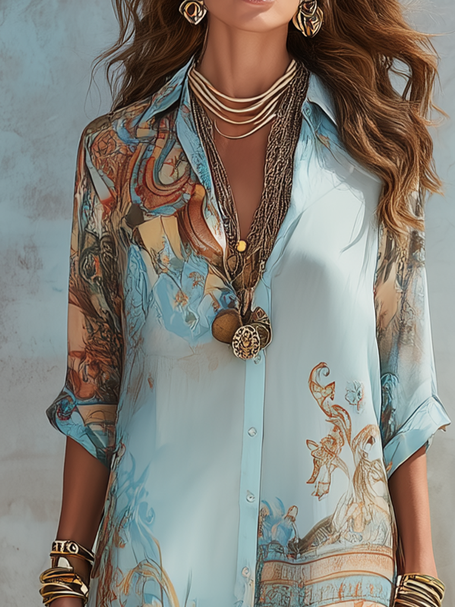 Abito Lungo in Chiffon Blu con Stampa Floreale Barocca