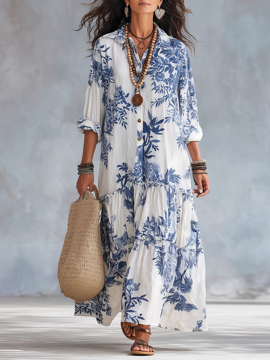 Abito Lungo Boho Floreale Blu con Bottoni
