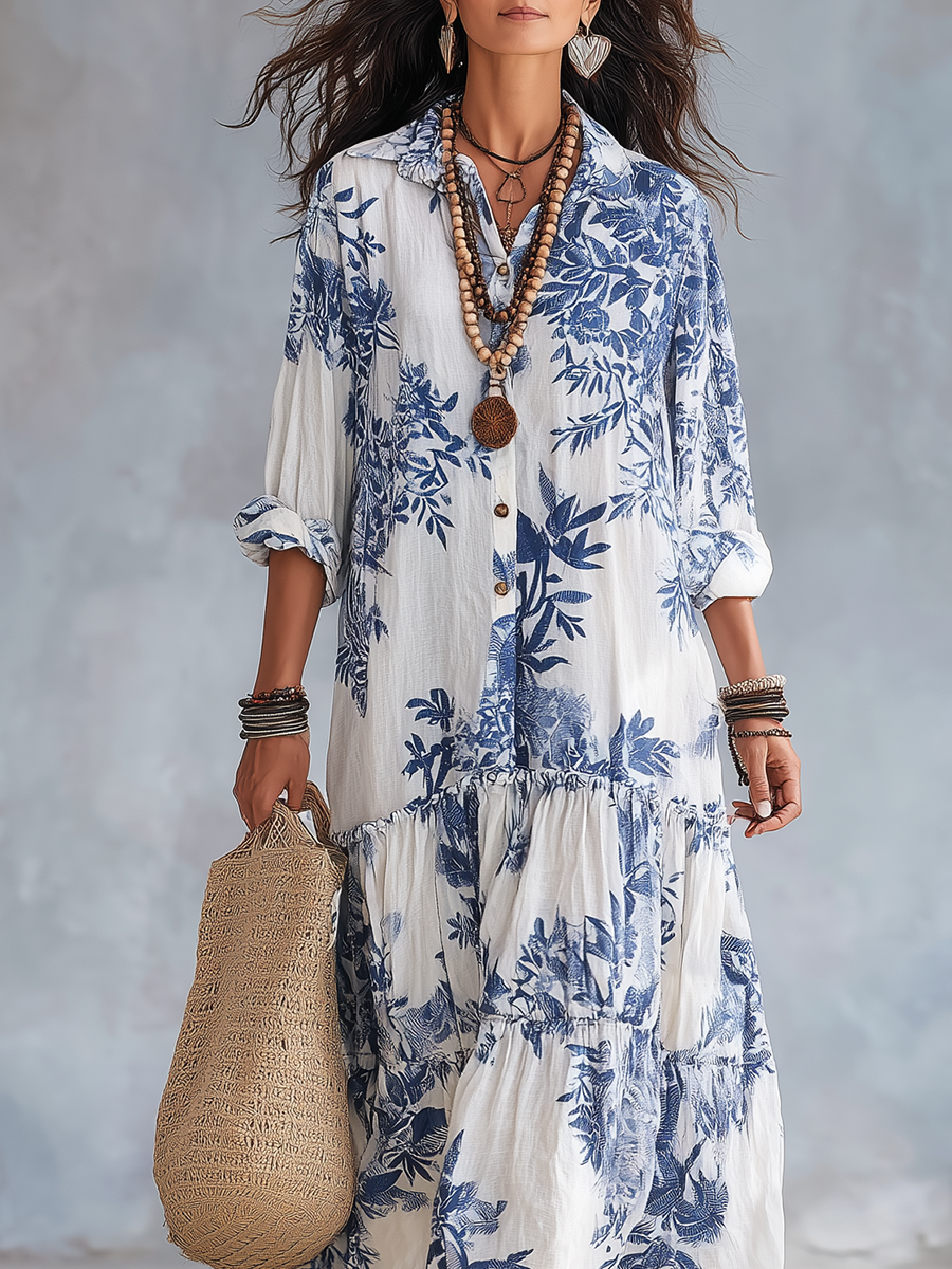 Abito Lungo Boho Floreale Blu con Bottoni