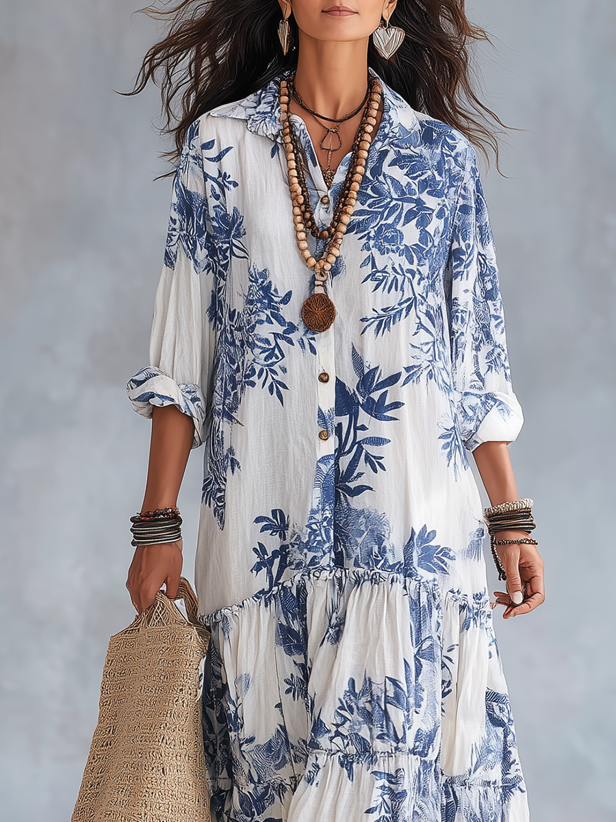 Abito Lungo Boho Floreale Blu con Bottoni