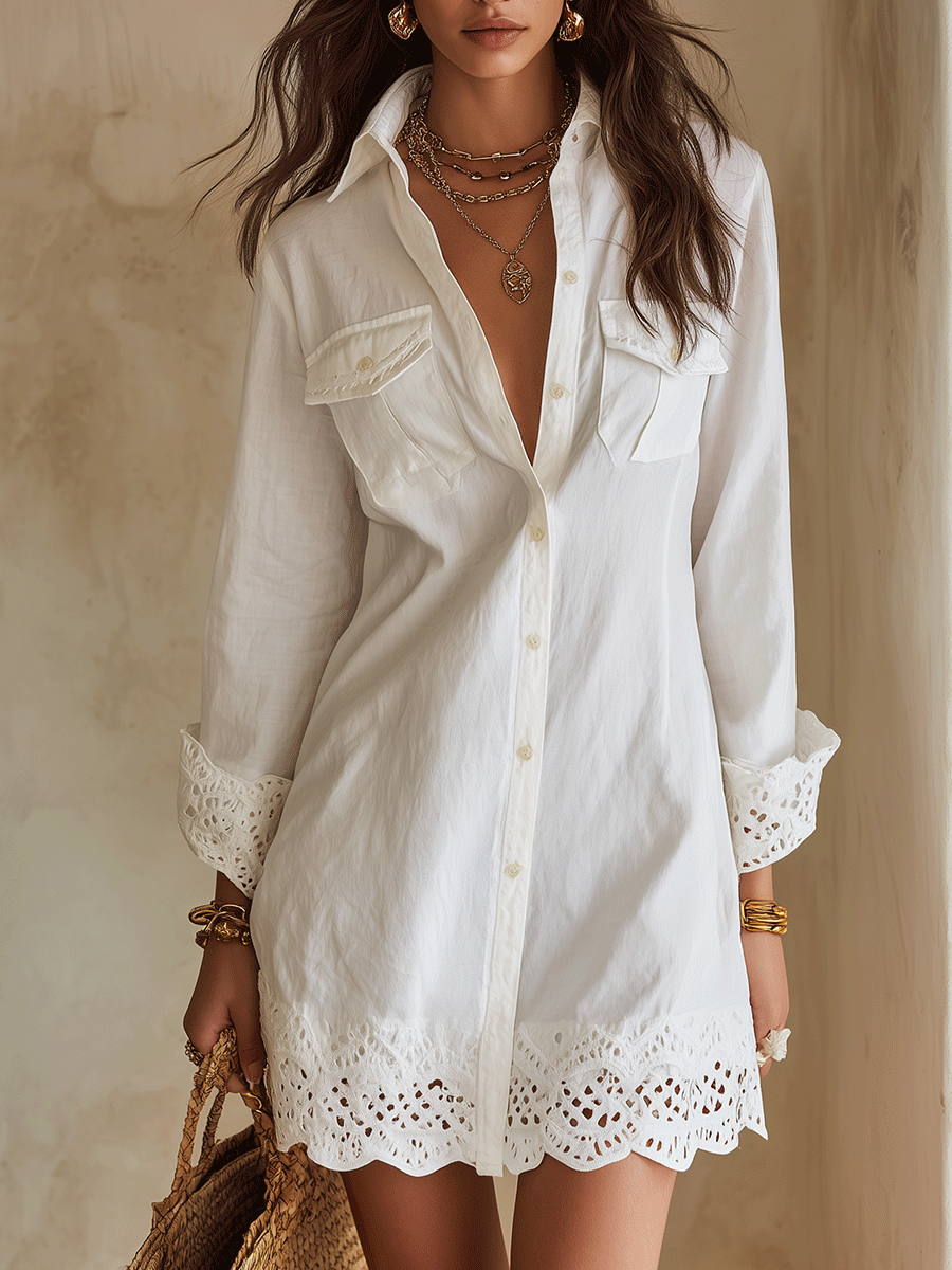 Mini Abito Chemisier Bianco Boho da Resort con Orlo a Sangallo