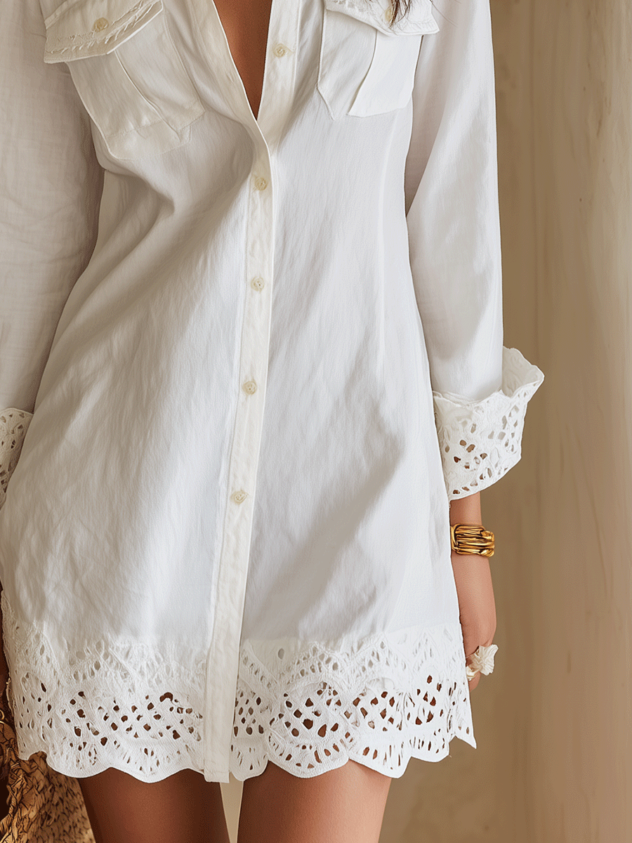 Mini Abito Chemisier Bianco Boho da Resort con Orlo a Sangallo