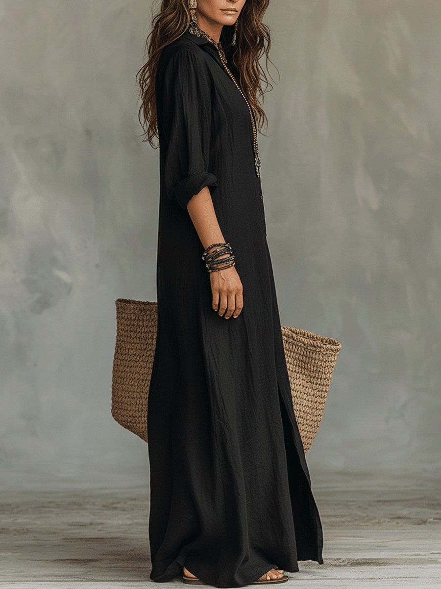 Abito Lungo Chemisier Boho Nero con Bottoni