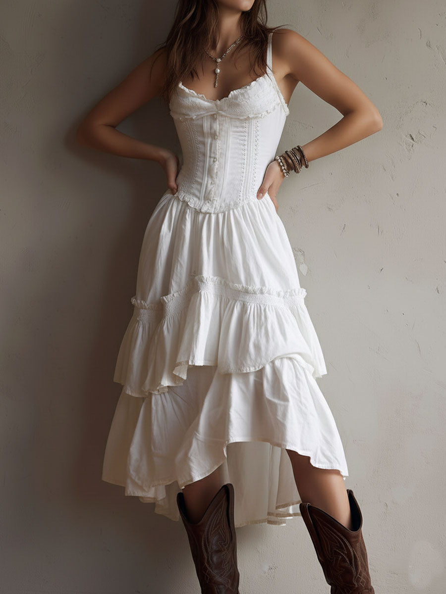 Abito Midi Boho Retro con Corsetto a Balze e Bordo in Pizzo