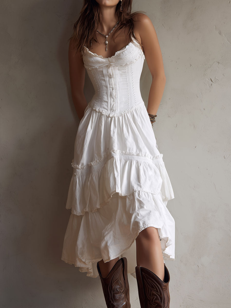 Abito Midi Boho Retro con Corsetto a Balze e Bordo in Pizzo