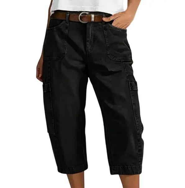 Pantaloni Capri cargo da donna in denim nero – vista frontale