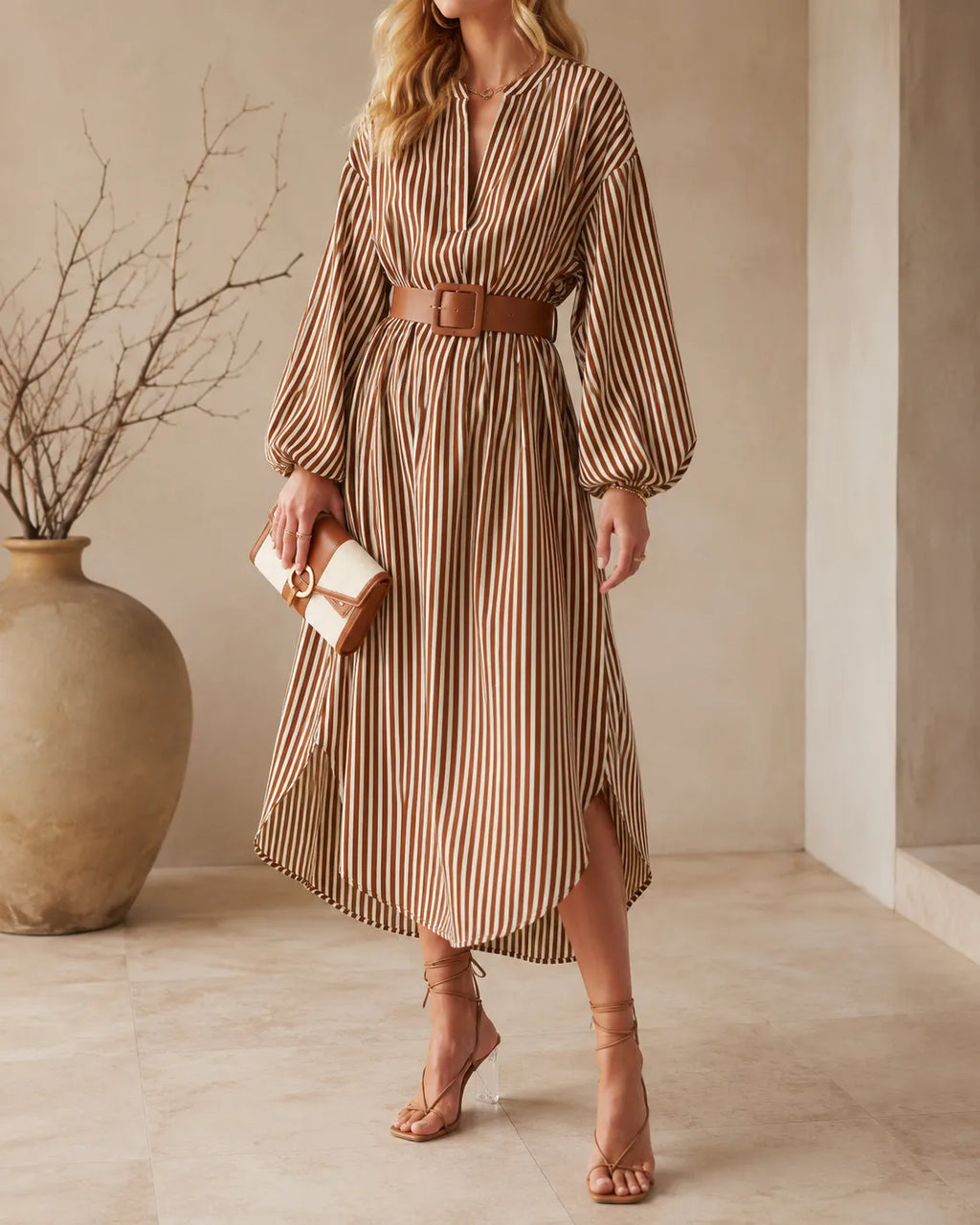 Sienna | Abito Chemisier Midi a Righe con Cintura