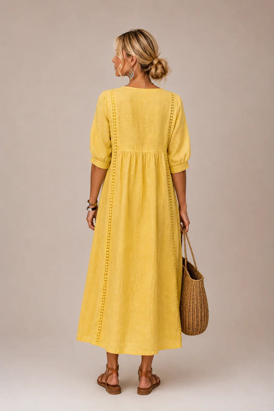 Abito midi estivo Sefi in lino e cotone, look estivo elegante e comodo
