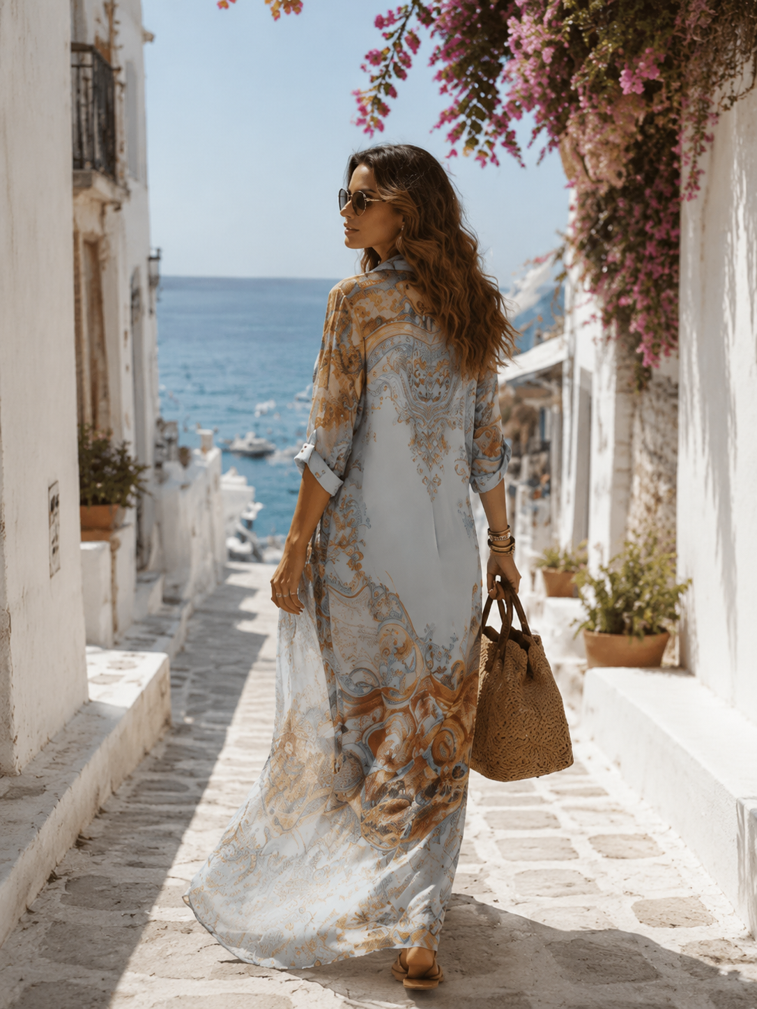 Abito Lungo in Chiffon Blu con Stampa Floreale Barocca