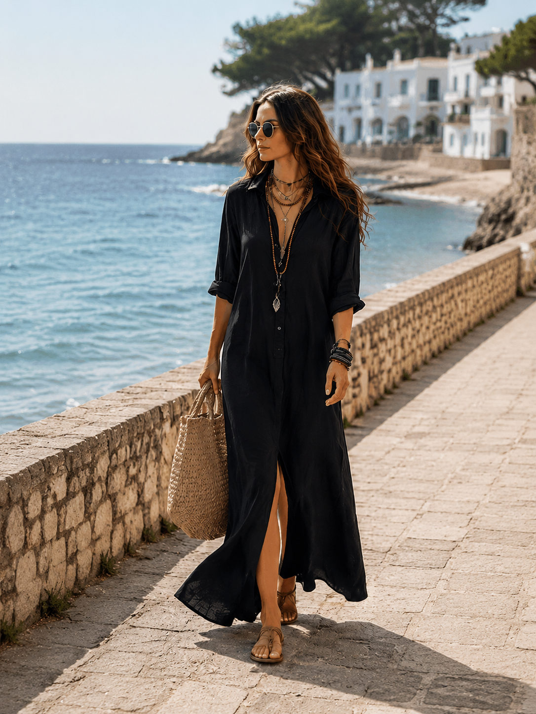 Abito Lungo Chemisier Boho Nero con Bottoni