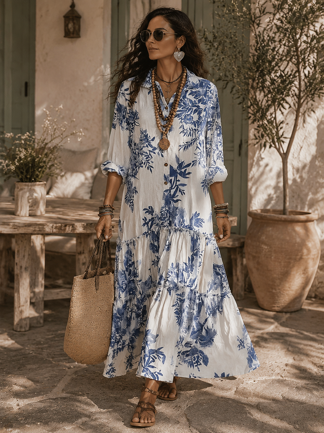 Abito Lungo Boho Floreale Blu con Bottoni