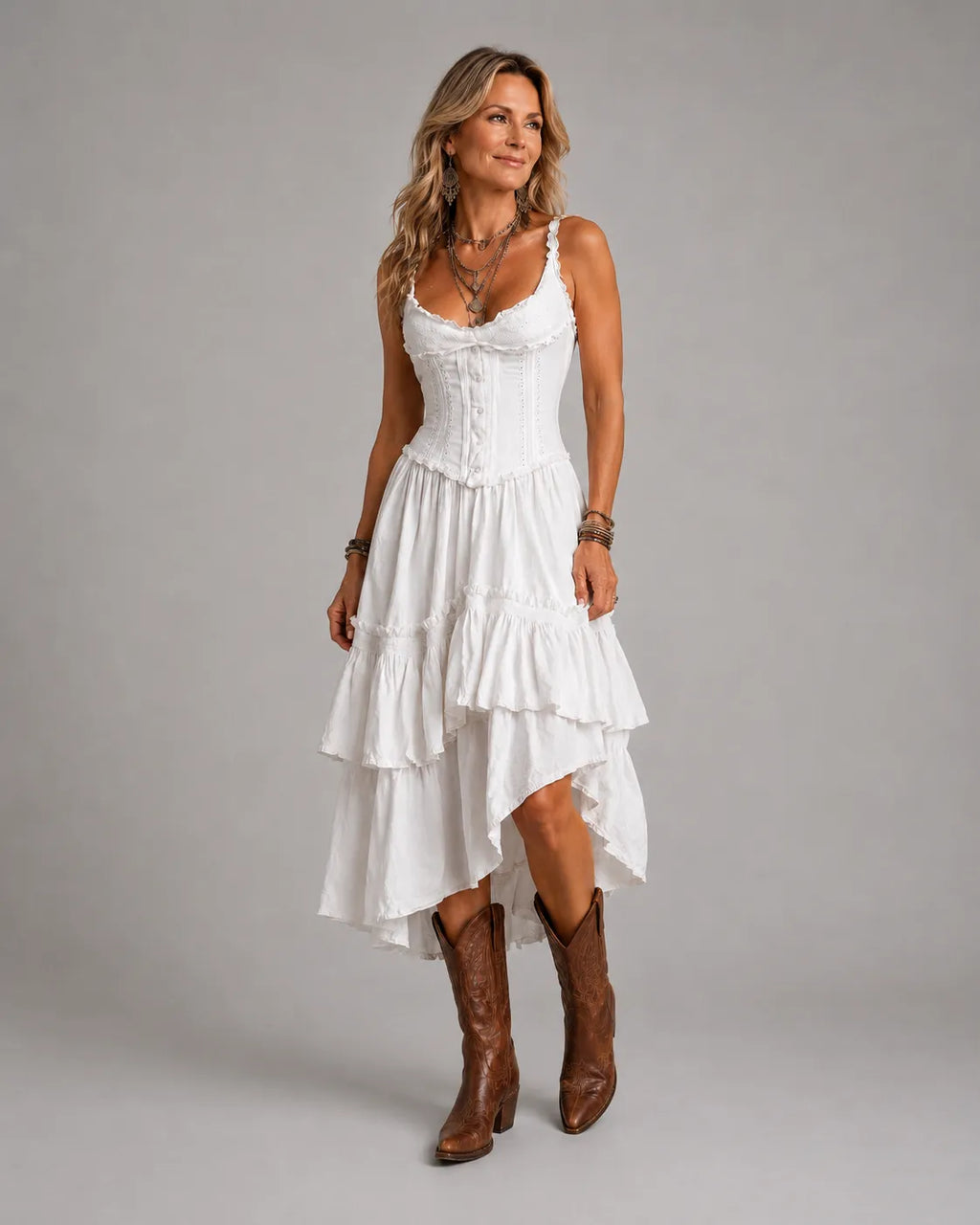 Abito Midi Boho Retro con Corsetto a Balze e Bordo in Pizzo