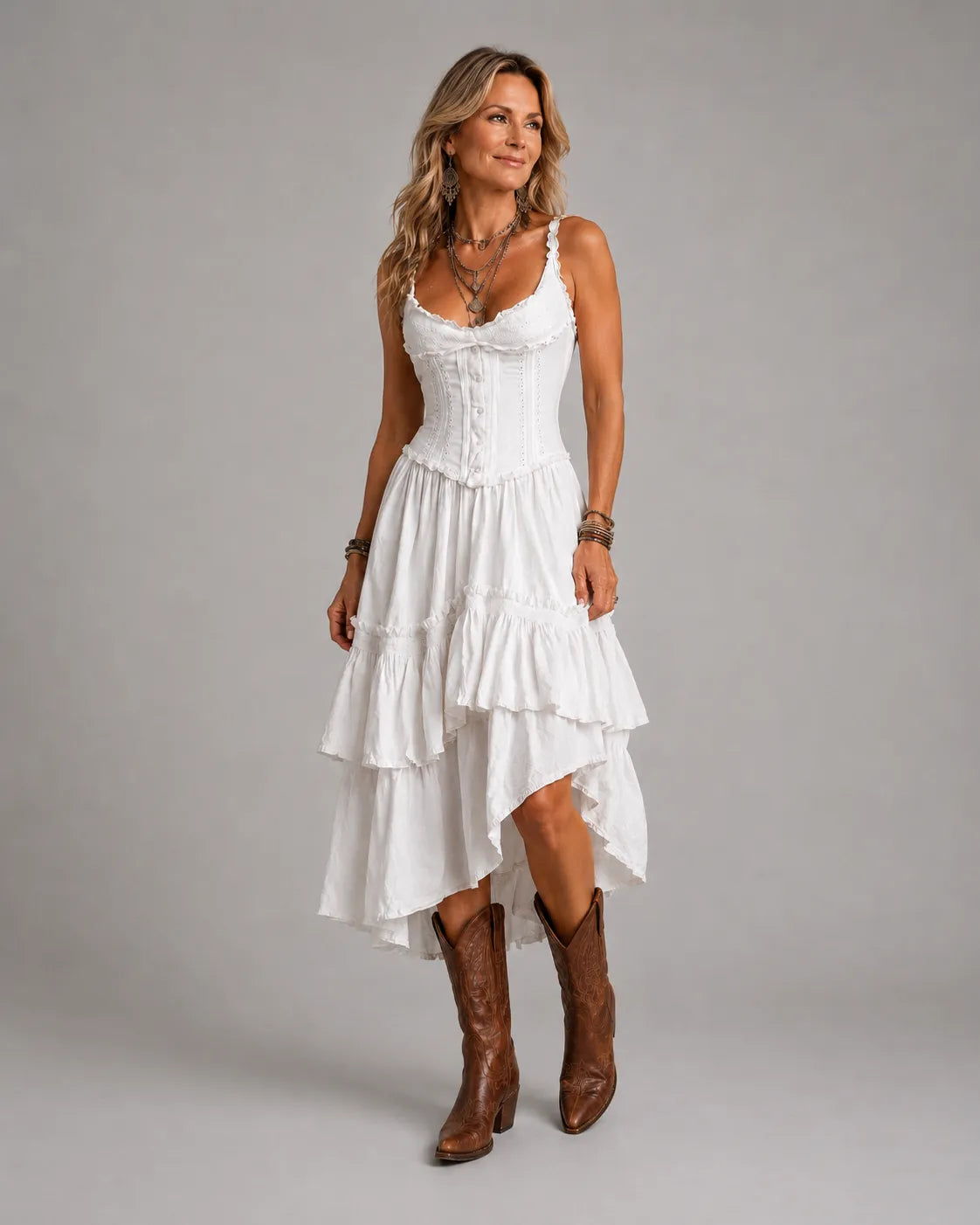 Abito Midi Boho Retro con Corsetto a Balze e Bordo in Pizzo