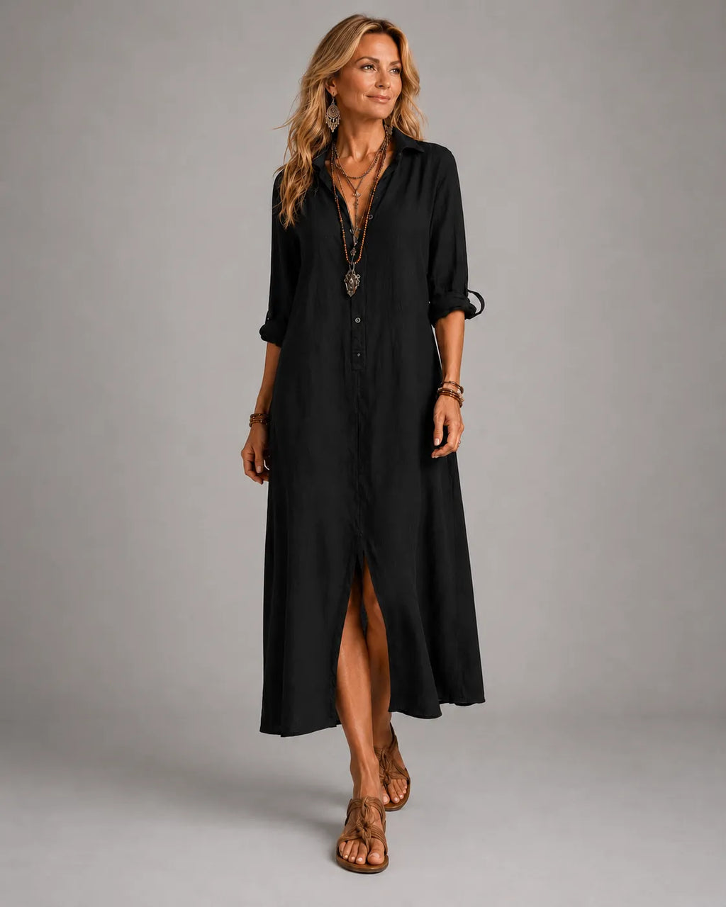 Abito Lungo Chemisier Boho Nero con Bottoni