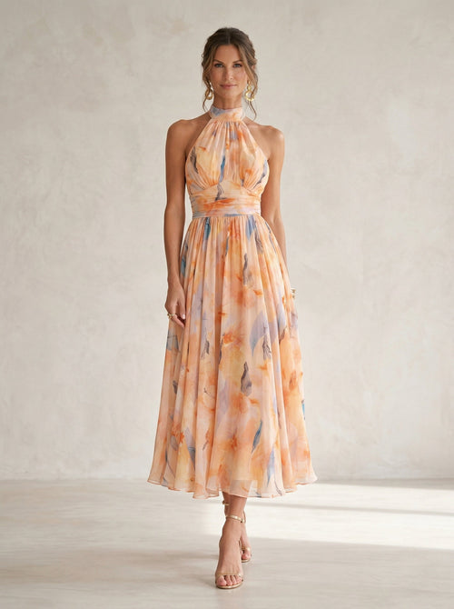 Abito con Collo Halter e Stampa Acquerello