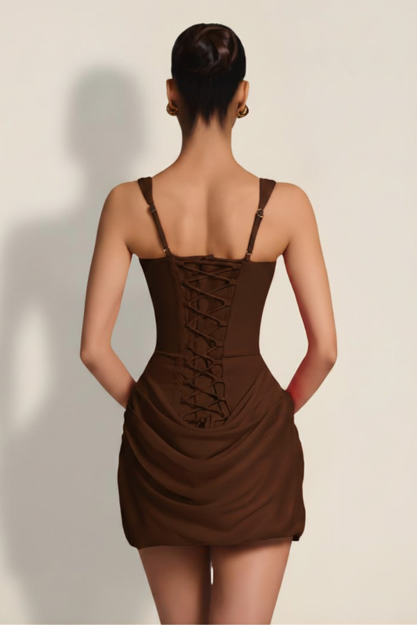 Elara – Mini Abito Corsetto Effetto Silhouette Cioccolato