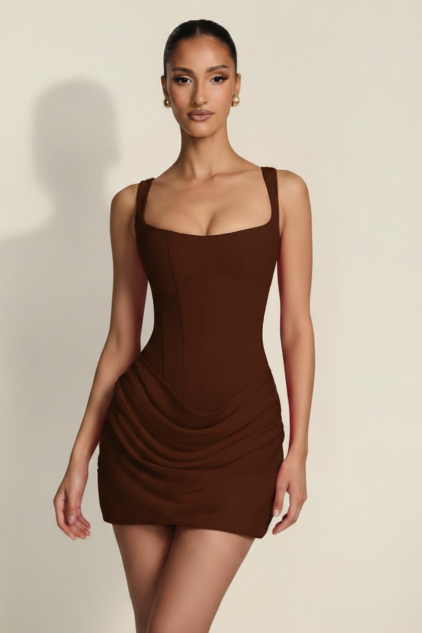 Elara – Mini Abito Corsetto Effetto Silhouette Cioccolato