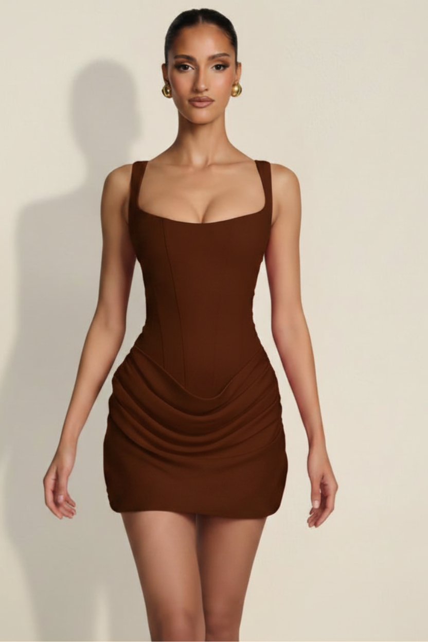 Elara – Mini Abito Corsetto Effetto Silhouette Cioccolato