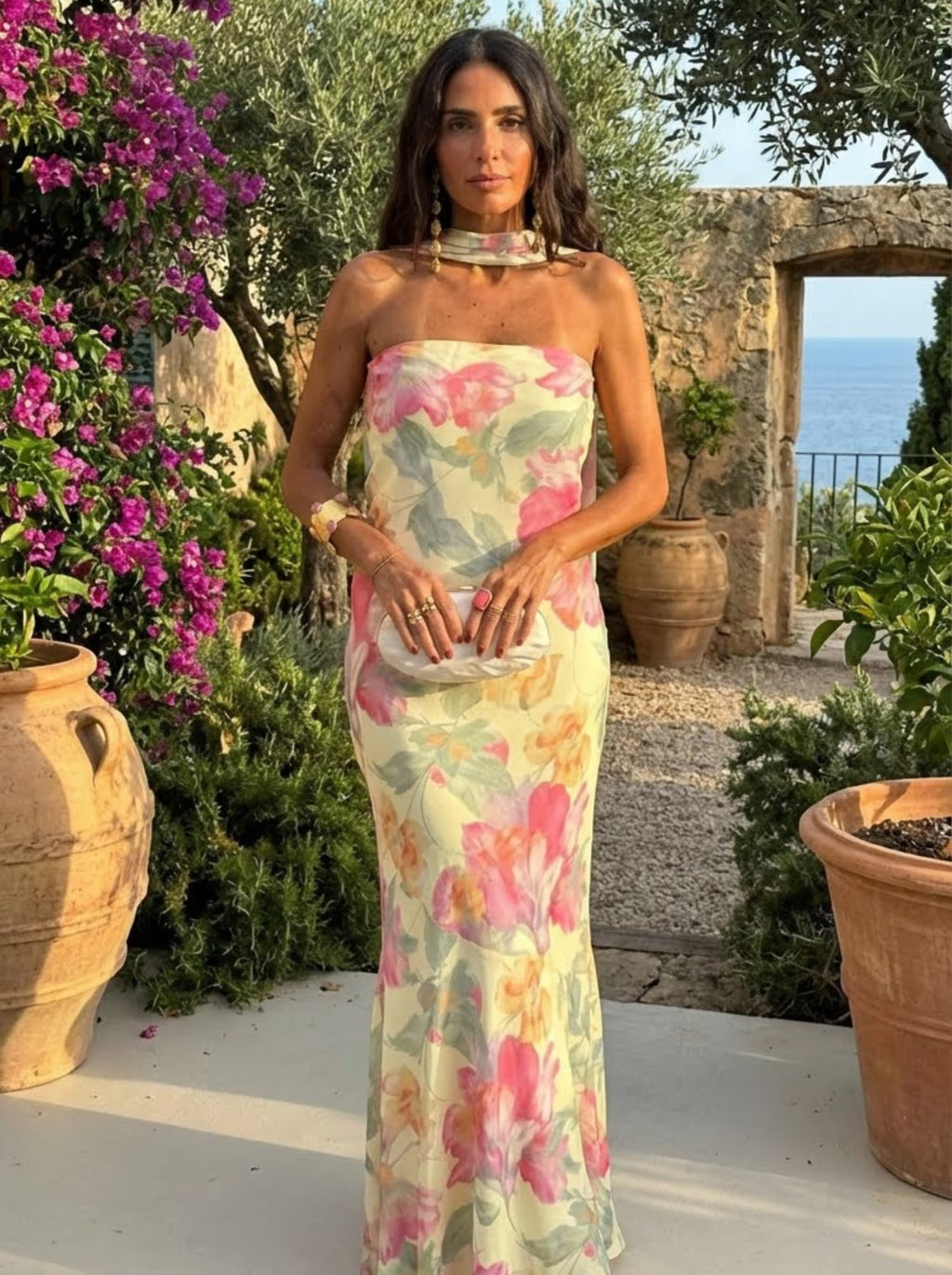Capri — Abito Lungo Senza Spalline Floreale Acquerello