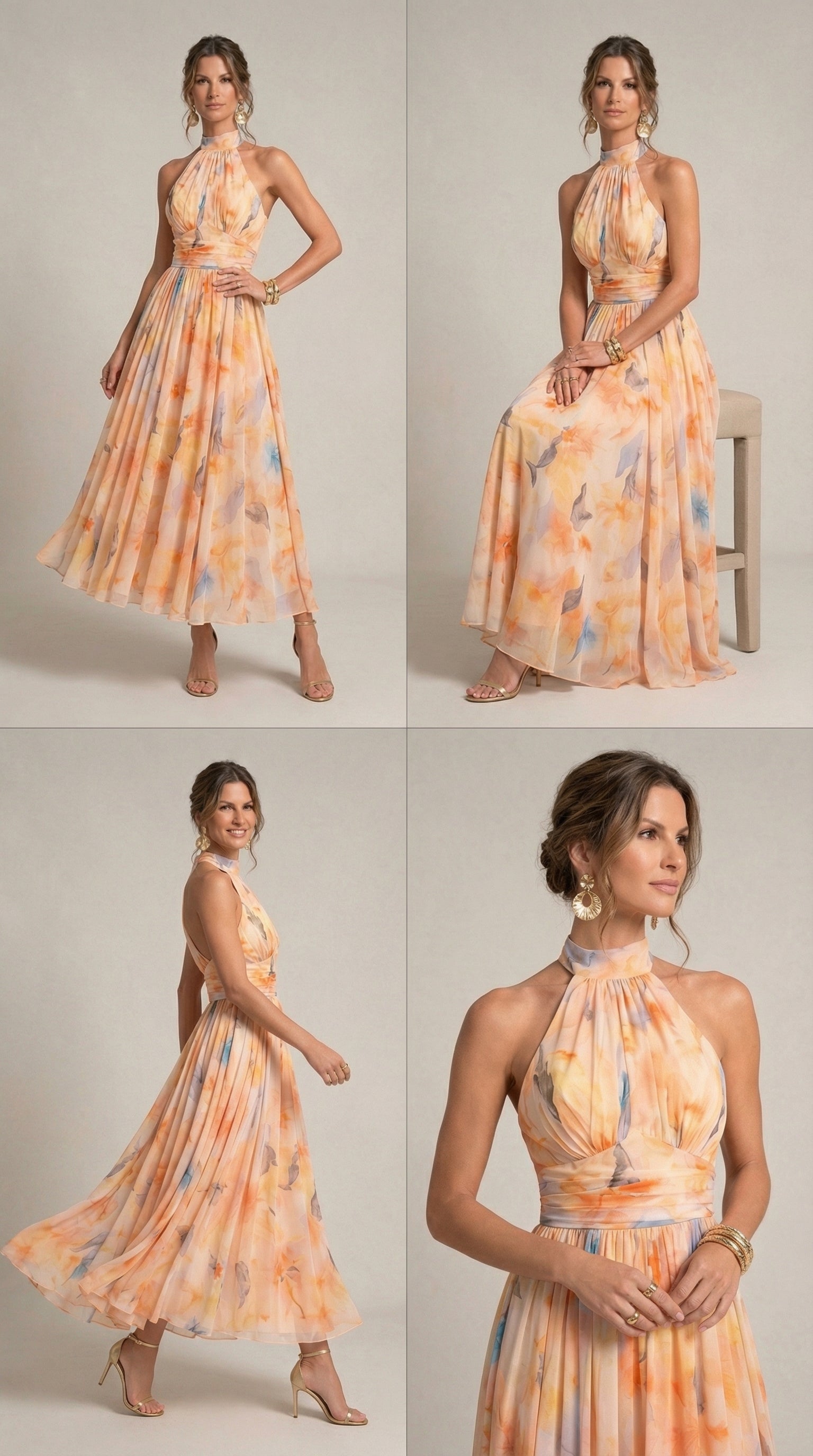 Abito con Collo Halter e Stampa Acquerello