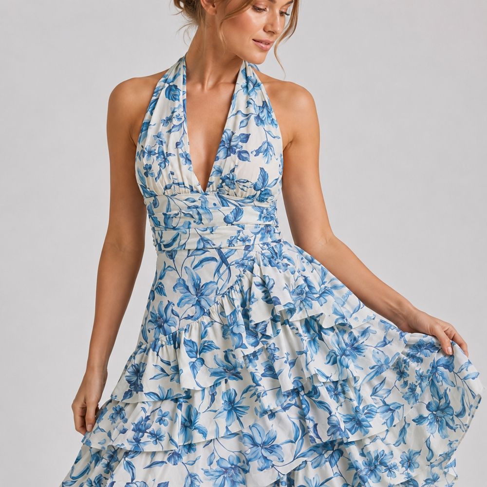 Maria - Abito lungo in cotone e chiffon con volant