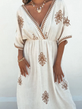 Alessandra - Abito in lino e cotone con scollo a V in pizzo