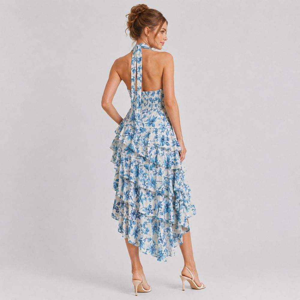 Maria - Abito lungo in cotone e chiffon con volant
