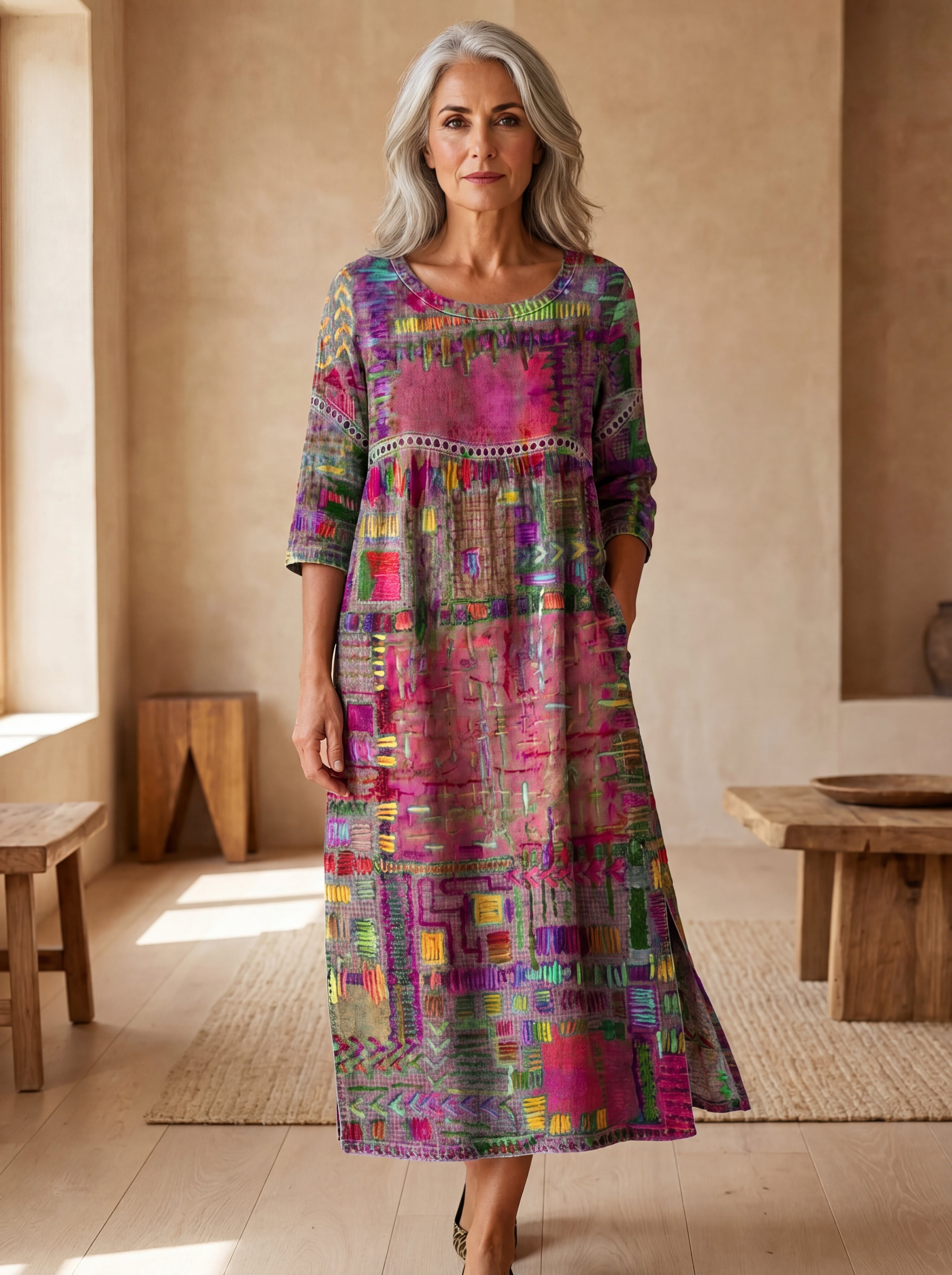 Manuela | Abito in Denim con Patchwork Etnico