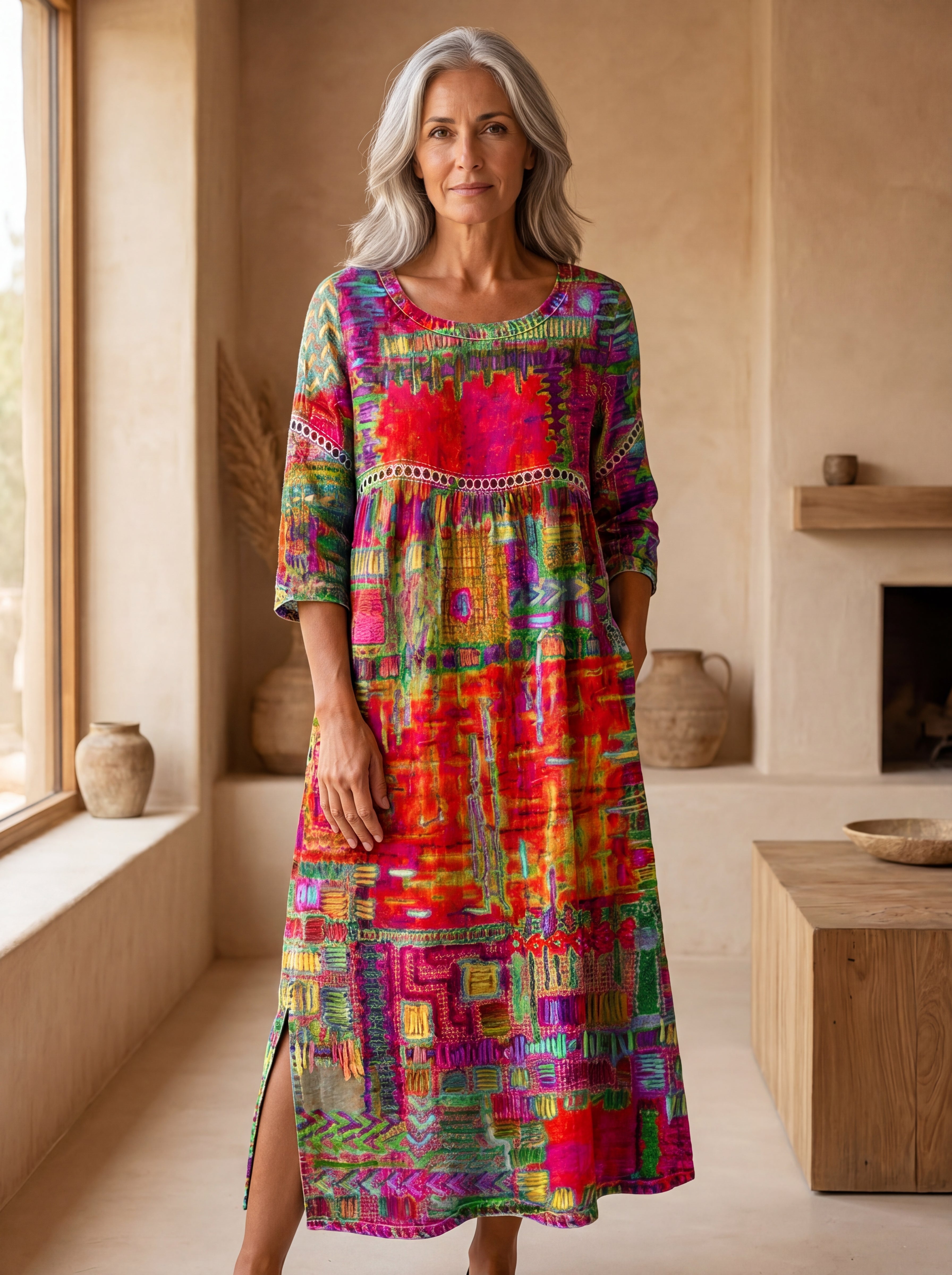 Manuela | Abito in Denim con Patchwork Etnico