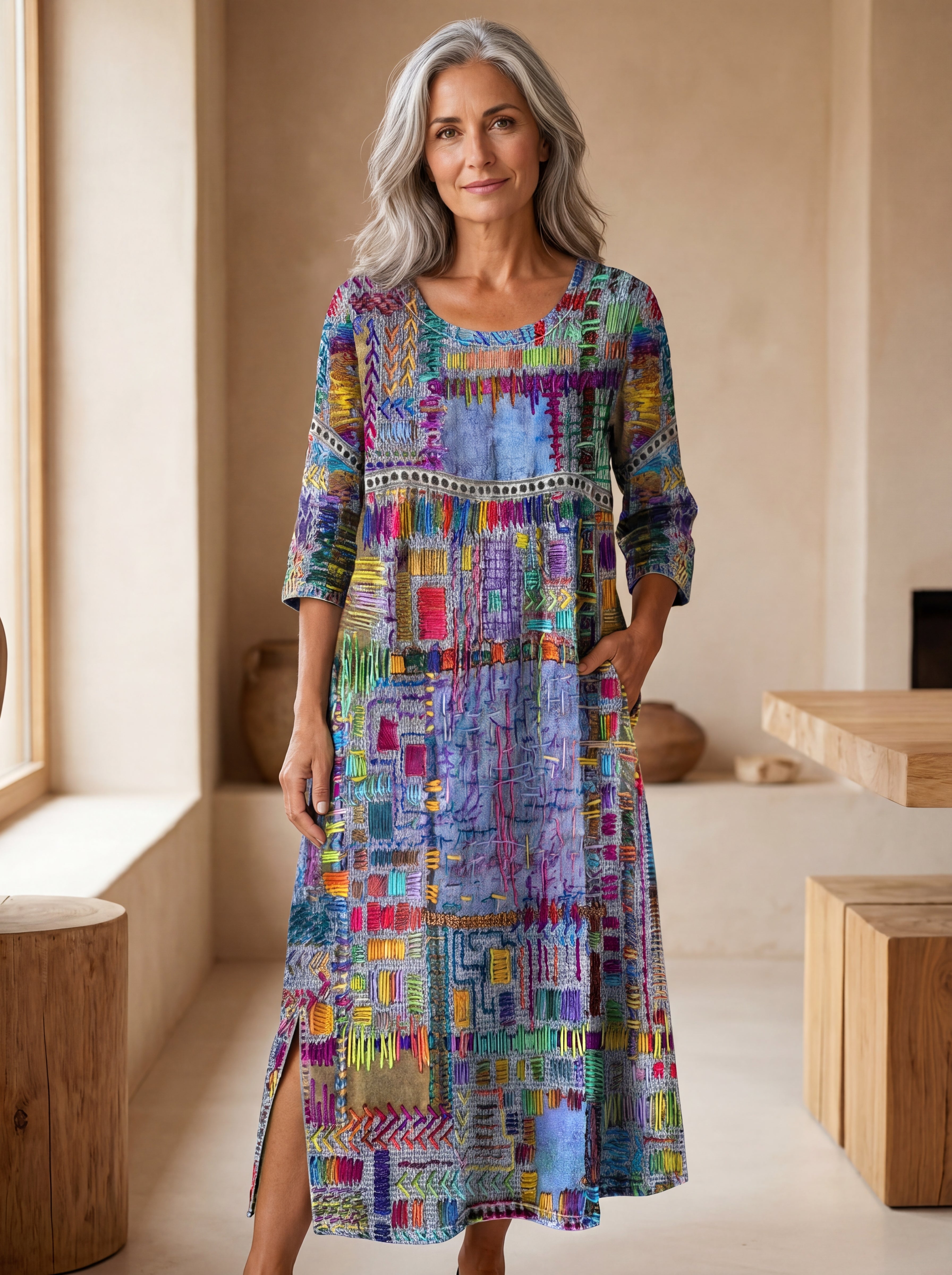 Manuela | Abito in Denim con Patchwork Etnico