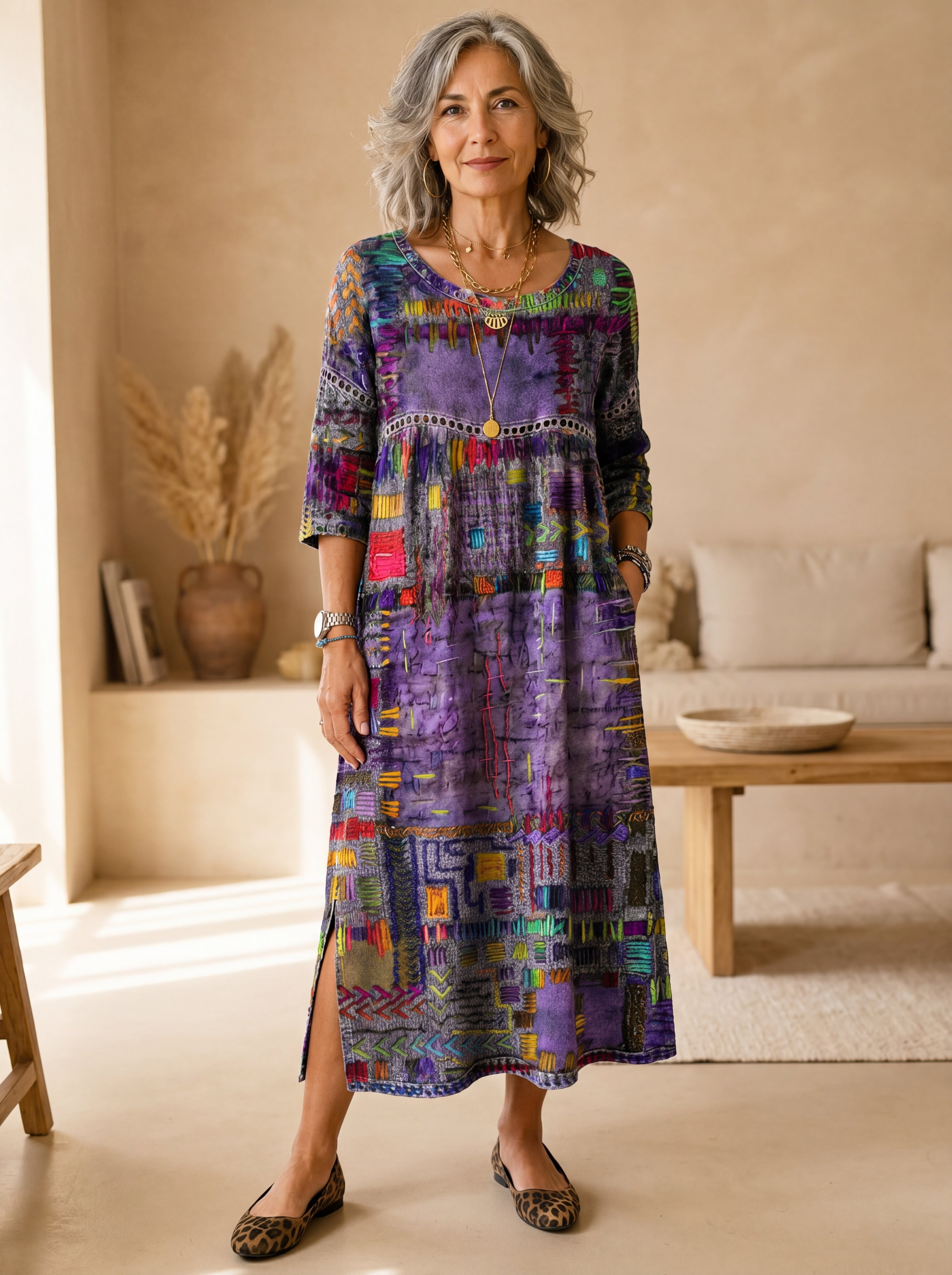 Manuela | Abito in Denim con Patchwork Etnico