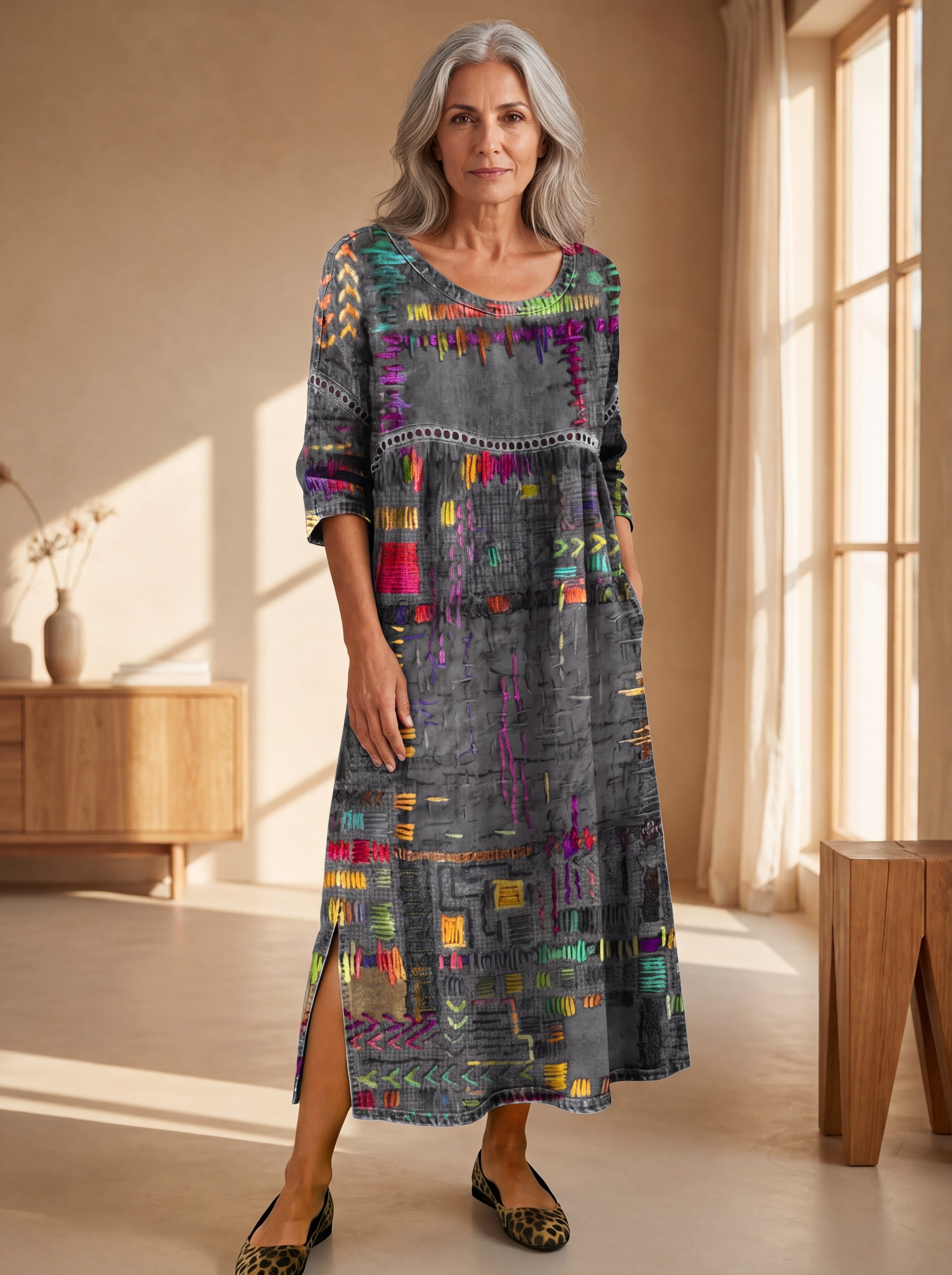 Manuela | Abito in Denim con Patchwork Etnico