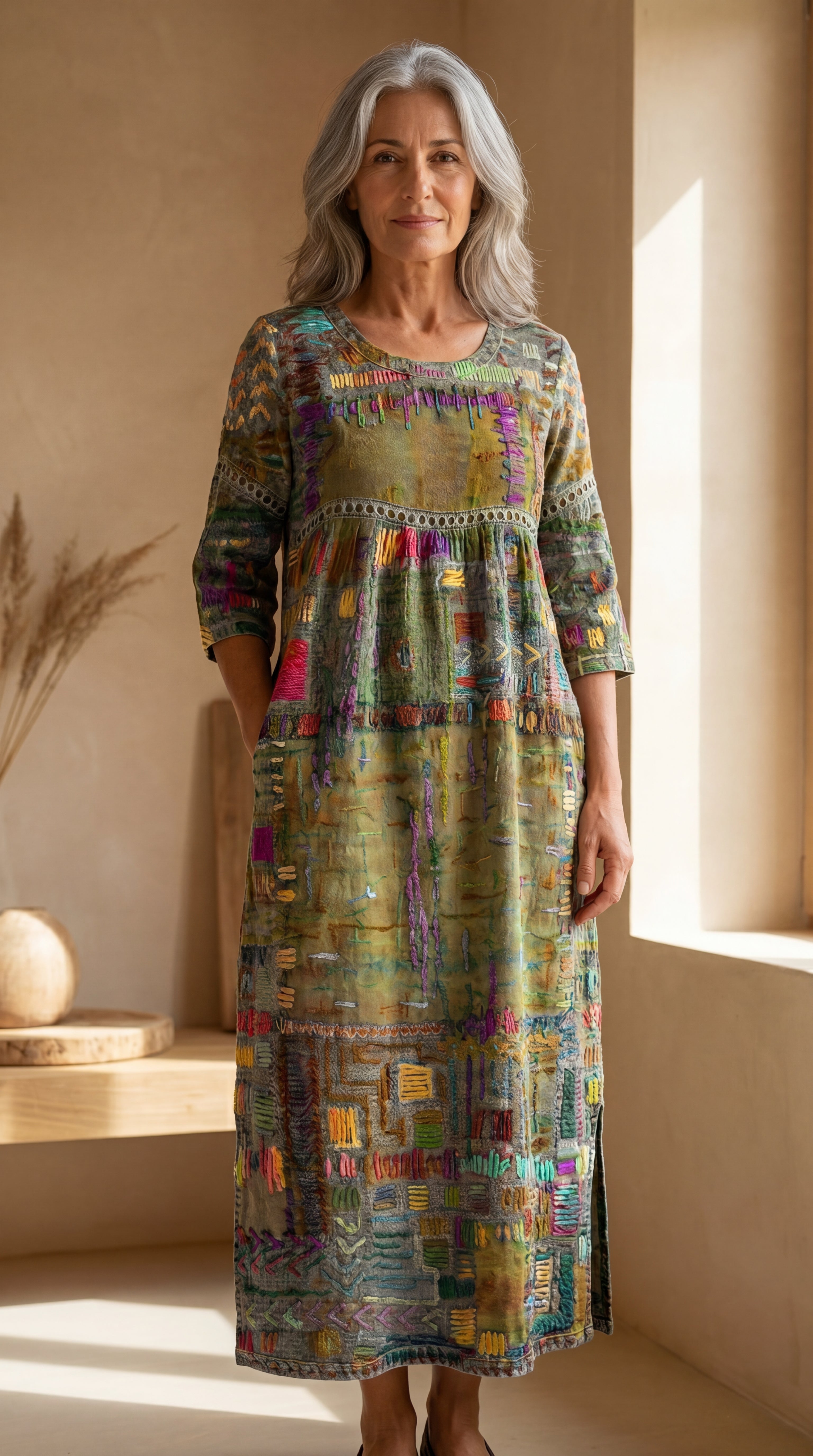 Manuela | Abito in Denim con Patchwork Etnico