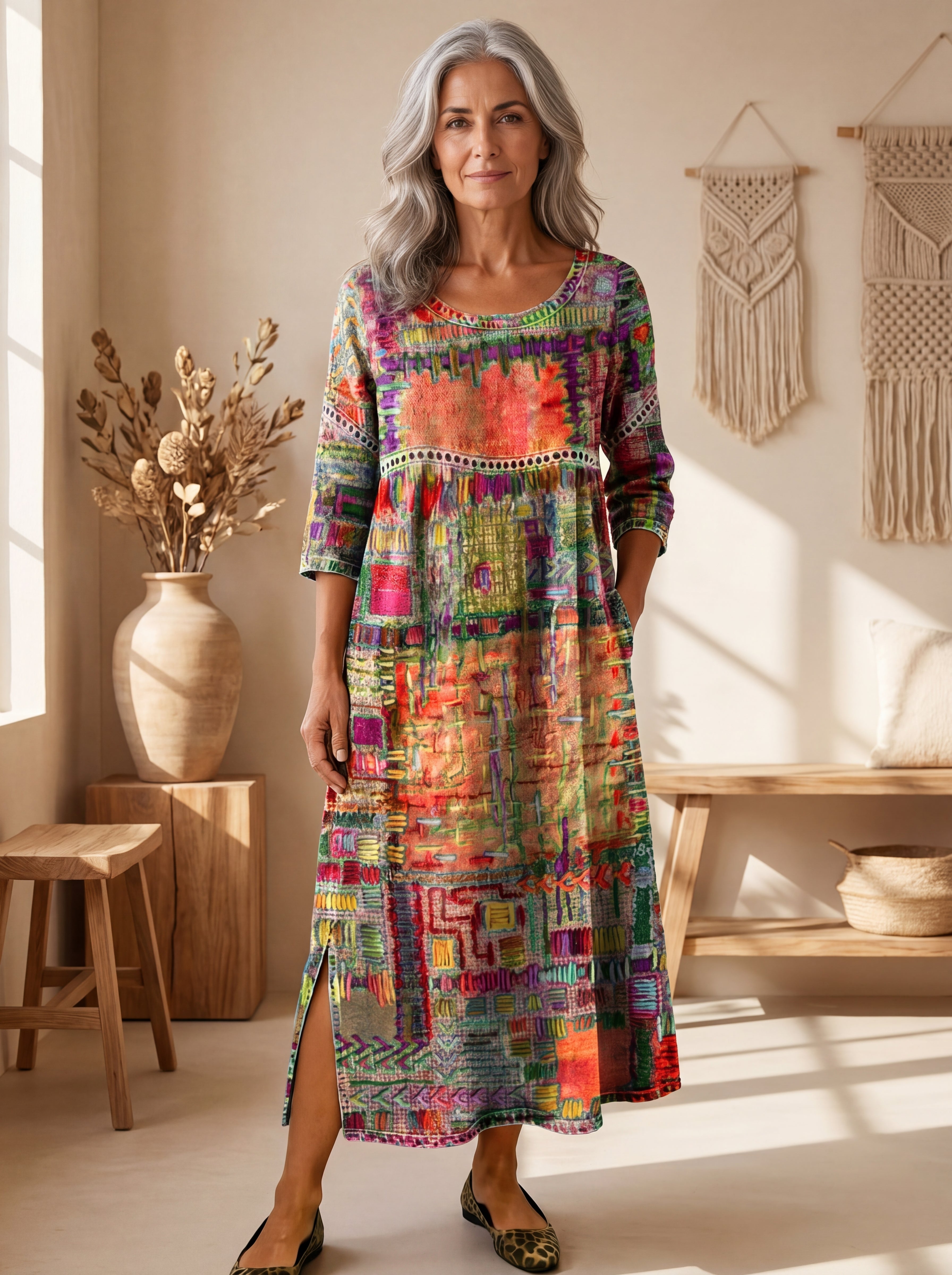Manuela | Abito in Denim con Patchwork Etnico