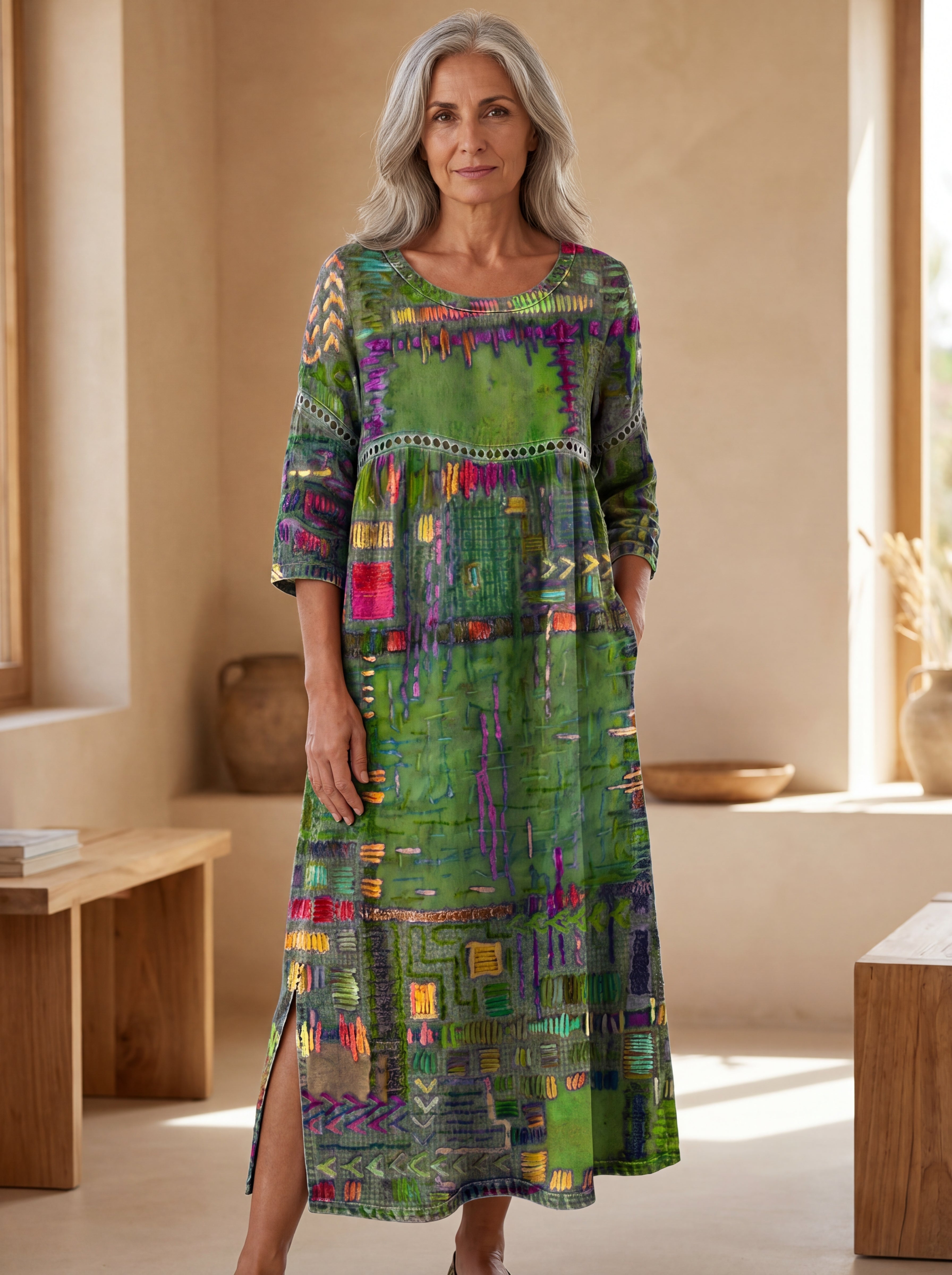 Manuela | Abito in Denim con Patchwork Etnico