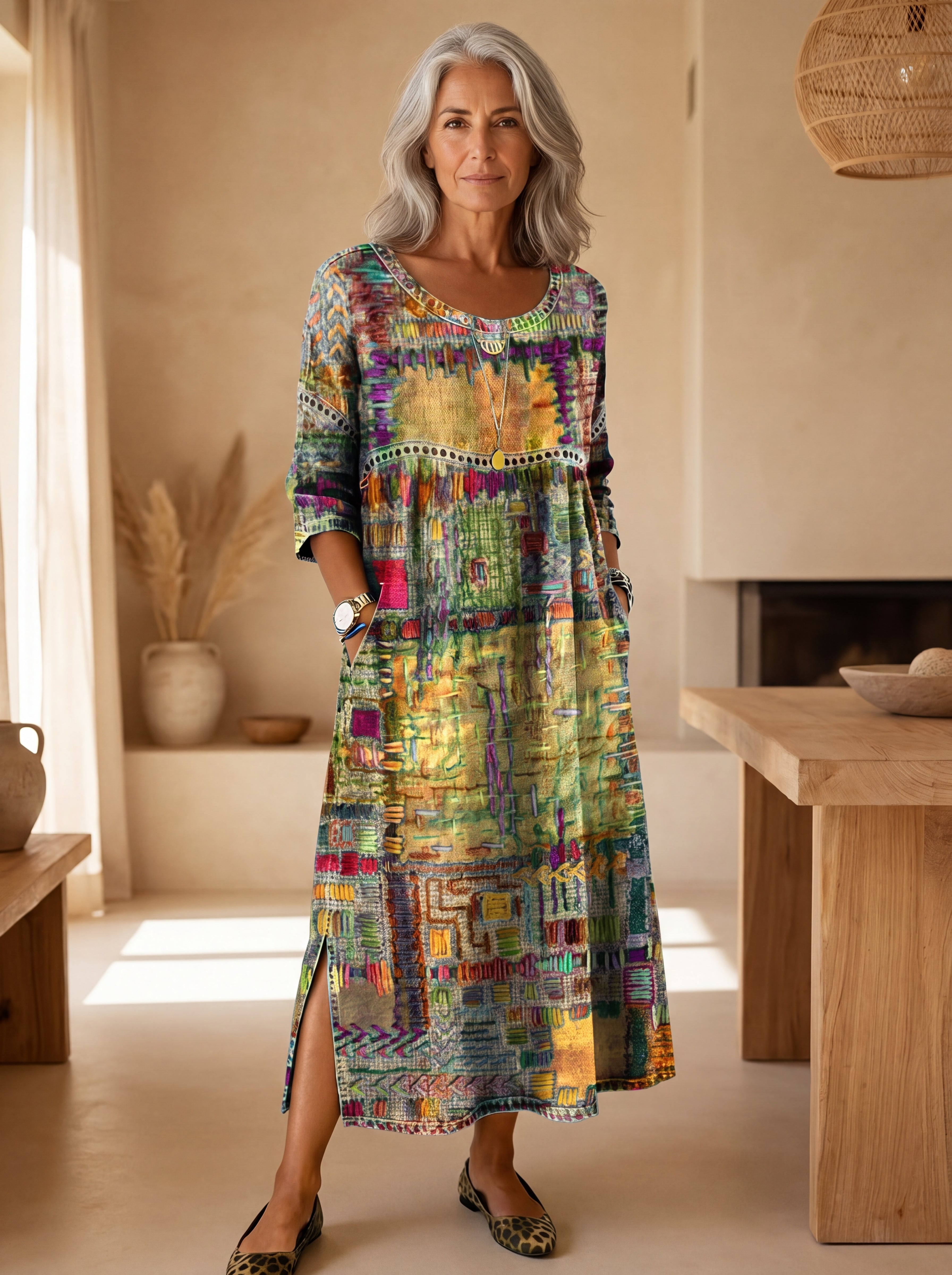 Manuela | Abito in Denim con Patchwork Etnico